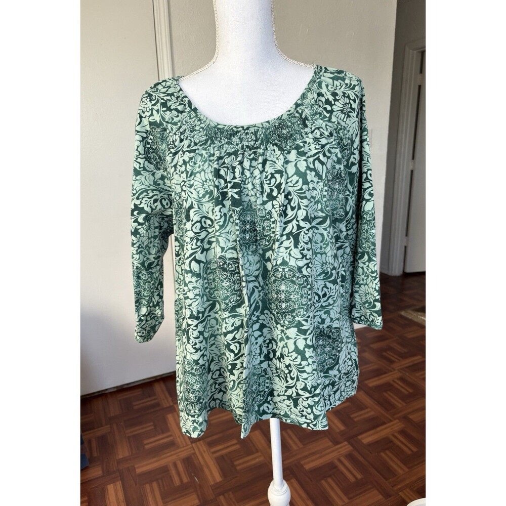 White Stag Women’s Green & White Floral Geometric Print 3/4 Sleeve Top Size 2X